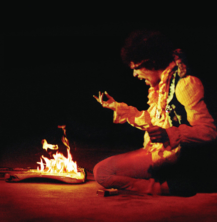 Jimi Hendrix burning the Monterey Strat, at Monterey Pop Festival, in Monterey, June 18th 1967. Photo: Jim Marshall